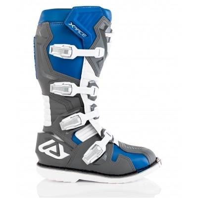 Bota motocross azul e cinza com fivelas brancas