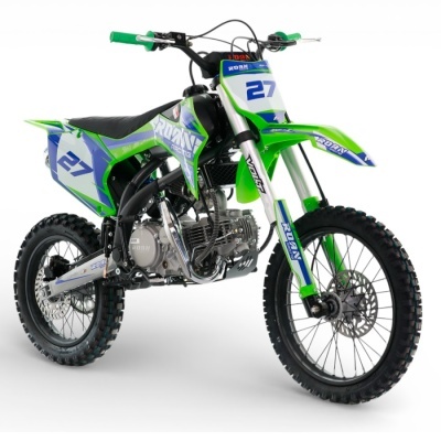 Motocross verde, azul e branco com o número 27 e escrita ROAN RACING.