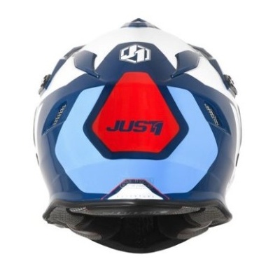 Capacete azul, branco e vermelho com texto JUST1
