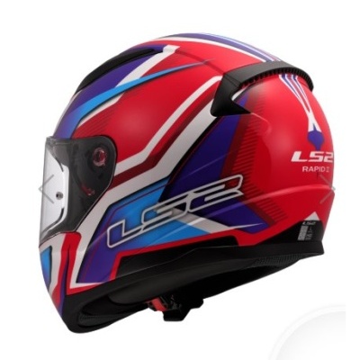 Capacete integral LS2 vermelho, azul e branco com visor transparente