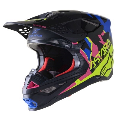 Capacete integral para motocross preto com detalhes coloridos e texto ALPINESTARS STARS