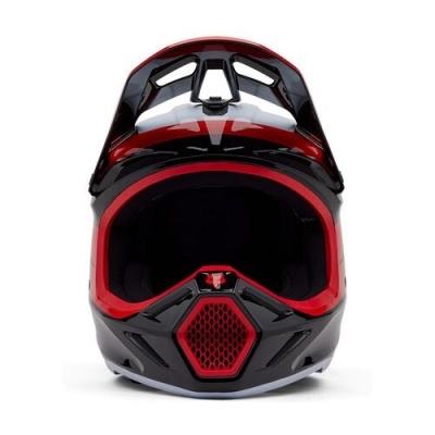 Capacete integral motocross preto e vermelho com viseira e entrada de ar hexagonal