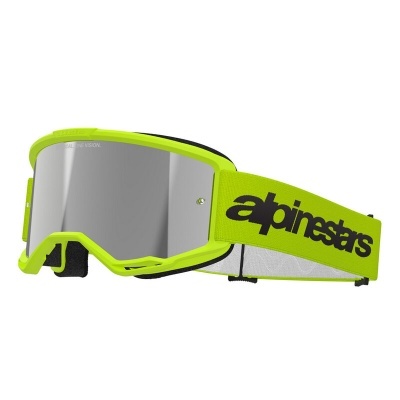 Óculos de proteção amarelos fluorescentes com lente espelhada e correia elástica preta e amarela com texto