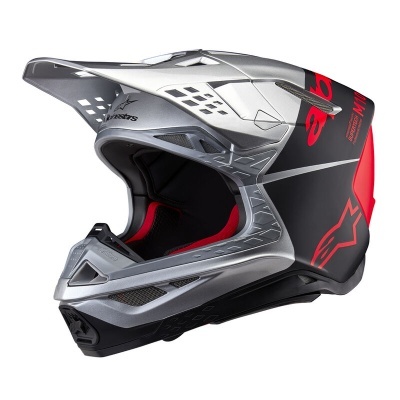 Capacete integral motocross preto, prateado e vermelho com interior acolchoado
