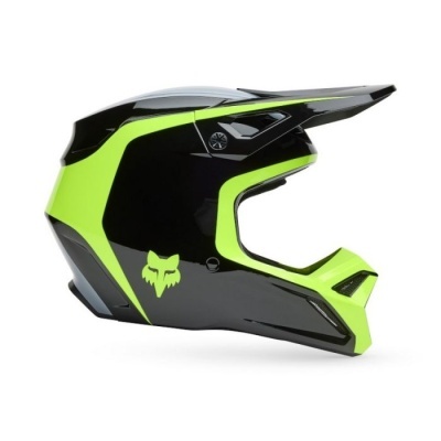 Capacete motocross preto e amarelo fluorescente com logótipo de raposa