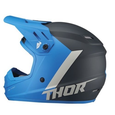 Capacete integral azul e preto com o texto THOR
