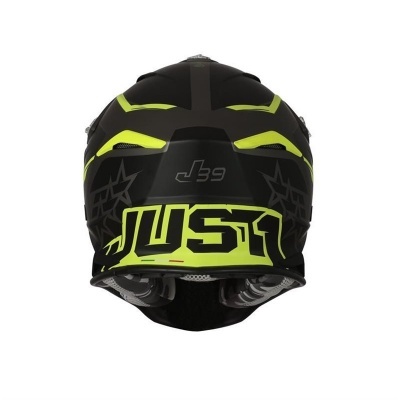 Capacete de motocross preto e amarelo fluorescente visto de trás