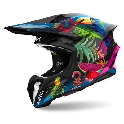 Capacete integral para motocross com design tropical colorido e texto AIROH