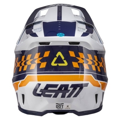 Capacete de motocicleta branco com detalhes azuis, laranja e amarelos e marca LEATT