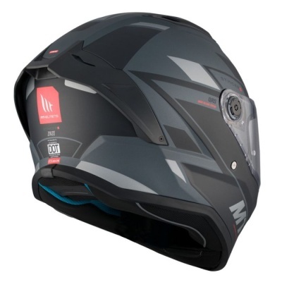 Capacete integral preto com detalhes cinza e etiquetas vermelhas com texto TRUE DOT