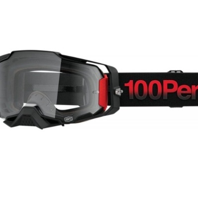 Óculos de proteção desportivos com armação preta, detalhes vermelhos e cinta preta com texto vermelho