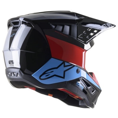 Capacete motocross preto com detalhes vermelhos e azuis e visor ajustável