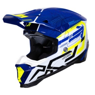 Capacete motocross azul branco amarelo com inscrições JUST e MISSION