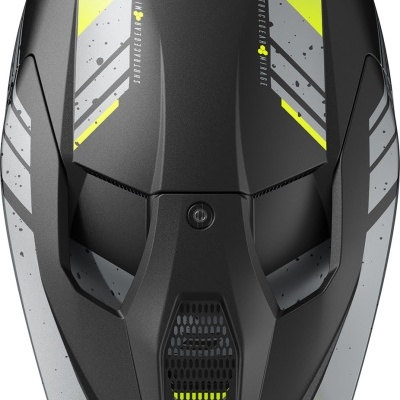 Capacete desportivo preto, cinza e amarelo fluorescente com o número 3