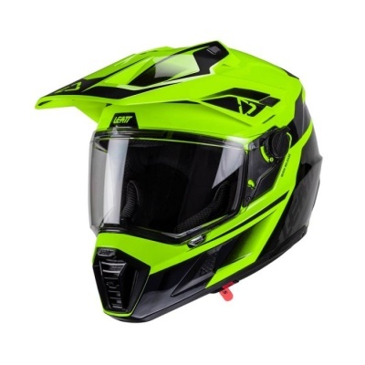 Capacete integral de motociclismo verde fluorescente e preto com viseira transparente