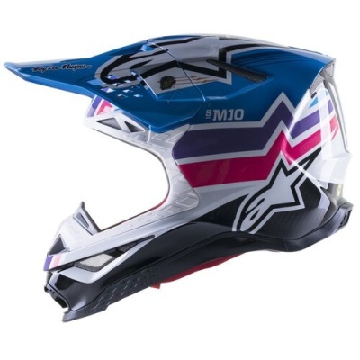 Capacete de motocross azul, branco e preto com padrão de estrelas e texto SM10