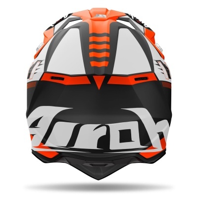 Capacete de motocross laranja, preto e branco com texto Airoh