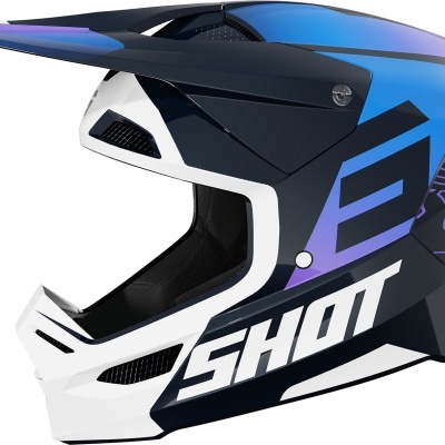 Capacete de motocross azul, preto e branco com palavra SHOT na lateral