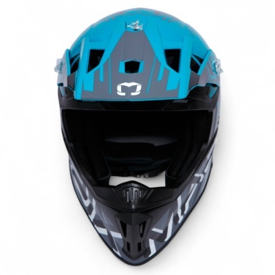 Capacete de motocross azul, preto e cinza com padrões geométricos