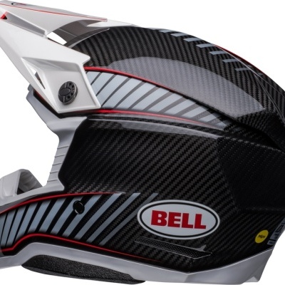 Capacete integral Bell em fibra de carbono preta com detalhes cinza e vermelhos