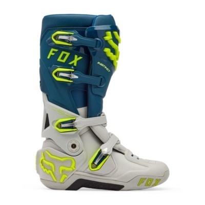 Bota de motocross FOX azul e cinza com detalhes amarelos