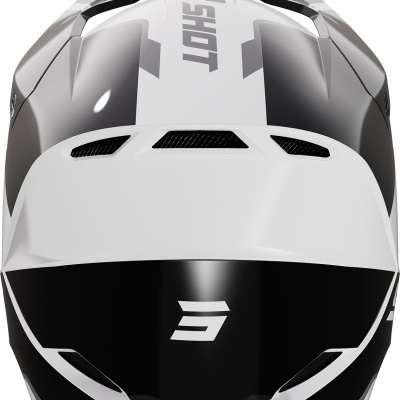 Capacete integral preto, branco e cinzento com inscrições SHOT e símbolo 3