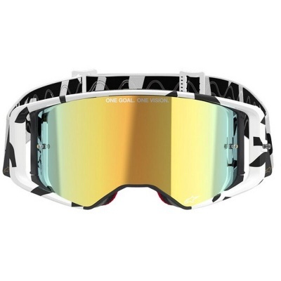 Óculos de proteção desportivos com lente espelhada dourada e armação branca com padrão preto