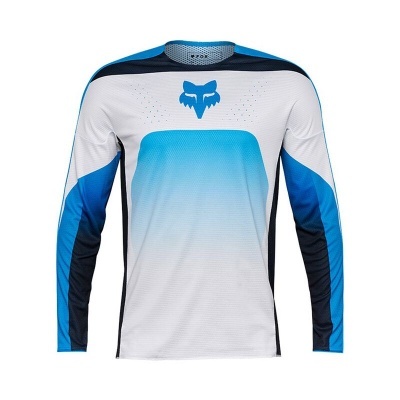 Camisola desportiva de manga comprida branca, azul e preta com logótipo de raposa.