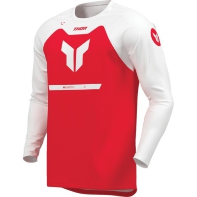 Camisola desportiva de manga comprida vermelha e branca com logótipos e texto