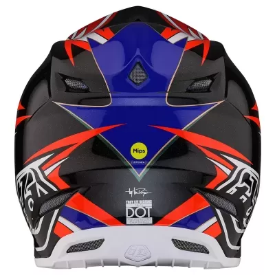 Capacete de mota azul, preto, branco e vermelho com autocolantes 'Mips' e 'DOT'