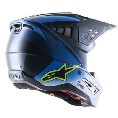 Capacete de motocross azul e preto com detalhes verdes e logo ALPINESTARS