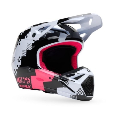 Capacete integral pixelado preto, branco e rosa com interior vermelho