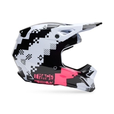 Capacete integral motocross preto branco rosa com padrão pixelado e logo FOX