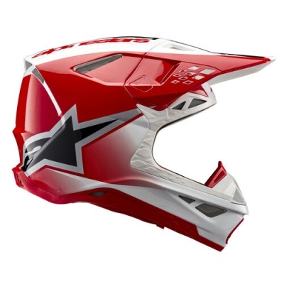 Capacete motocross integral vermelho, branco e preto com ventilação e estrela preta