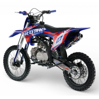Motocross azul e vermelho com número 27 e marca ROAN RACING