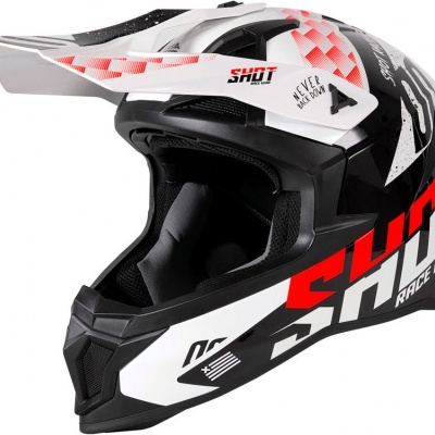 Capacete integral motocross preto, branco e vermelho com texto SHIFT