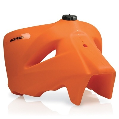 Depósito de combustível de plástico laranja para motos com tampa preta e marca ACERBIS