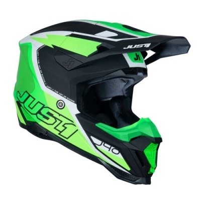 Capacete motocross preto, verde e branco com texto JUST1