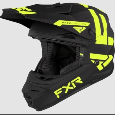 Capacete integral motocross preto e amarelo fluorescente com inscrições FXR e RACEDIVISION