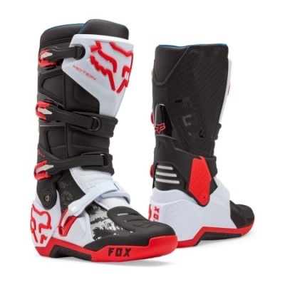 Botas de motocross preta, branca e vermelha Fox com fechos ajustáveis