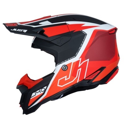 Capacete de motocross vermelho, preto e branco com visor ajustável e padrões gráficos