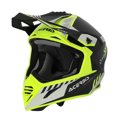 Capacete integral de motocross preto, amarelo fluorescente e branco com texto ACERBIS