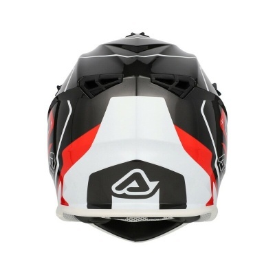 Capacete integral motocross preto, branco e vermelho visto de trás