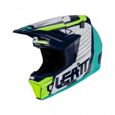 Capacete integral motocross branco, azul escuro, verde-neon e turquesa com texto LEATT na lateral
