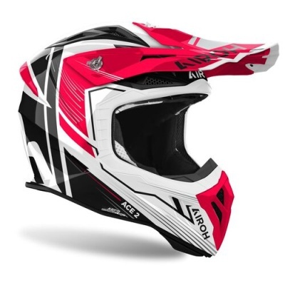 Capacete motocross Airoh vermelho, branco e preto com visor ajustável