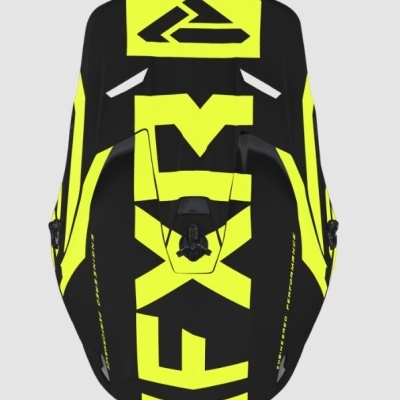Capacete desportivo preto com texto amarelo grande e logotipo