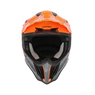 Capacete de motocross laranja e preto com acolchoamento interno cinza, marca ACERBIS