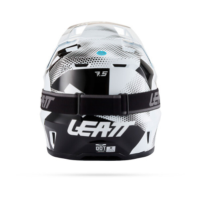 Capacete de motocross preto e branco com logo LEATT e faixa preta