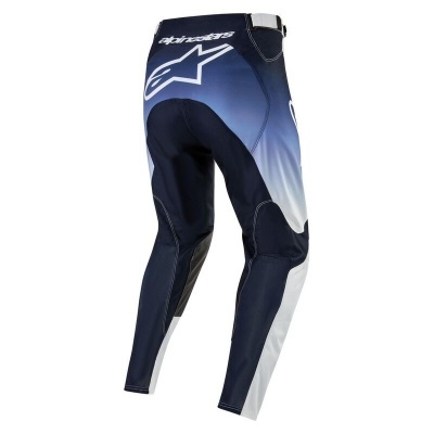Calças desportivas azul, branco e preto com texto e símbolo branco alpinestars