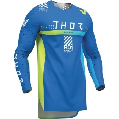 Camisola azul de motocross com detalhes em verde e texto THOR e RD1.